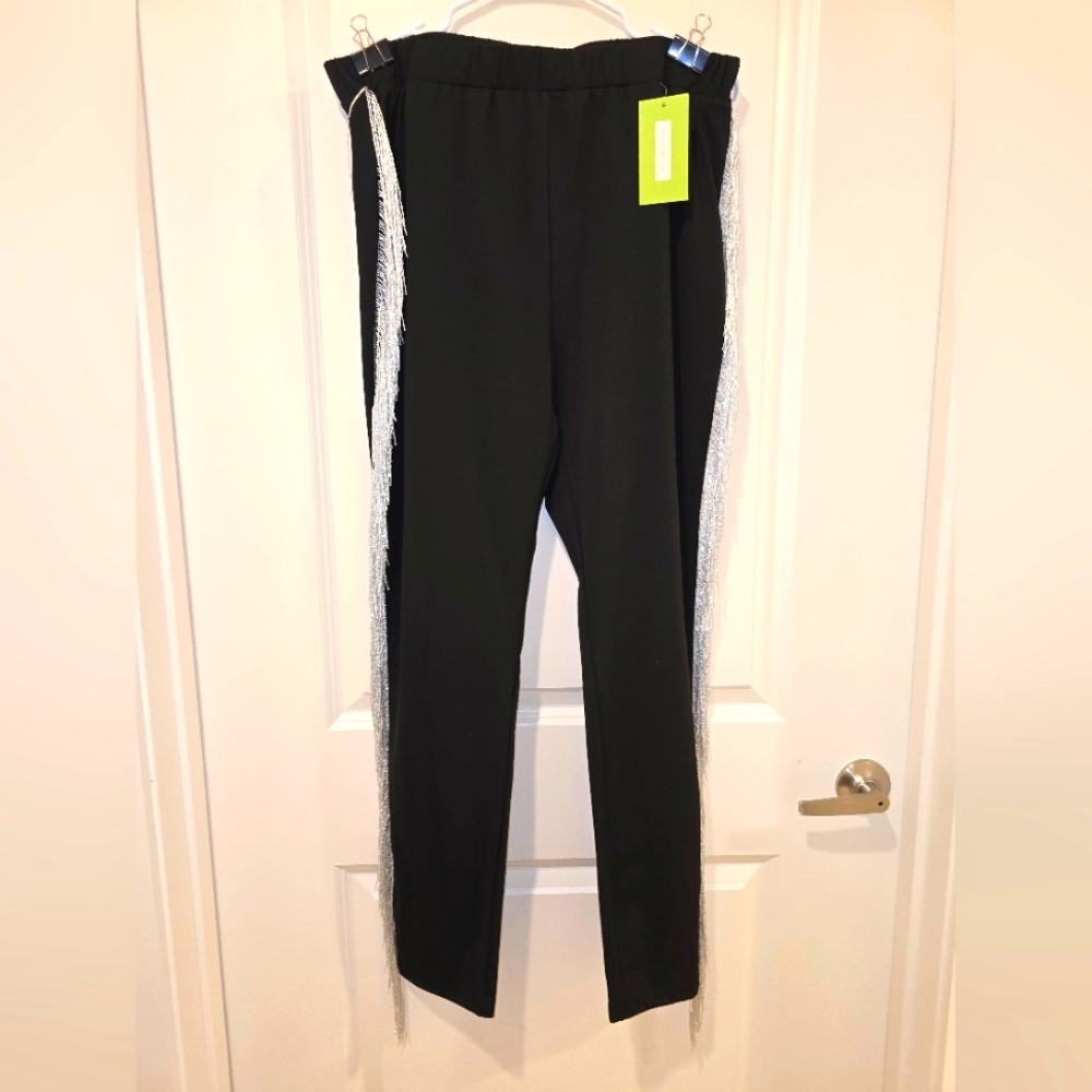 Black legging pants with Silver Fringe, women's fringe pants XL